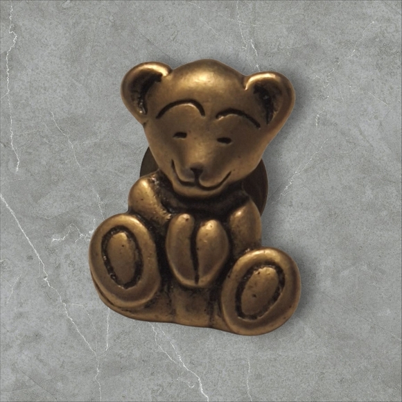 Vintage Jewelry - Vintage Goldtone Smiling Teddy Bear Heart Hand Pin Stamped MARCI Lapel Tie